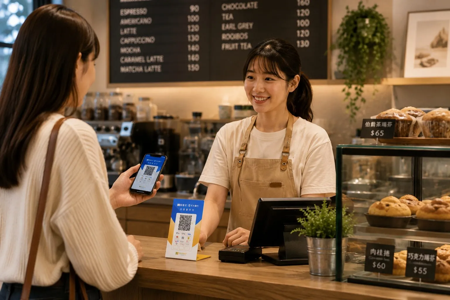 店家以點點付 TWQR 立牌收款,客人用手機相機掃碼付款